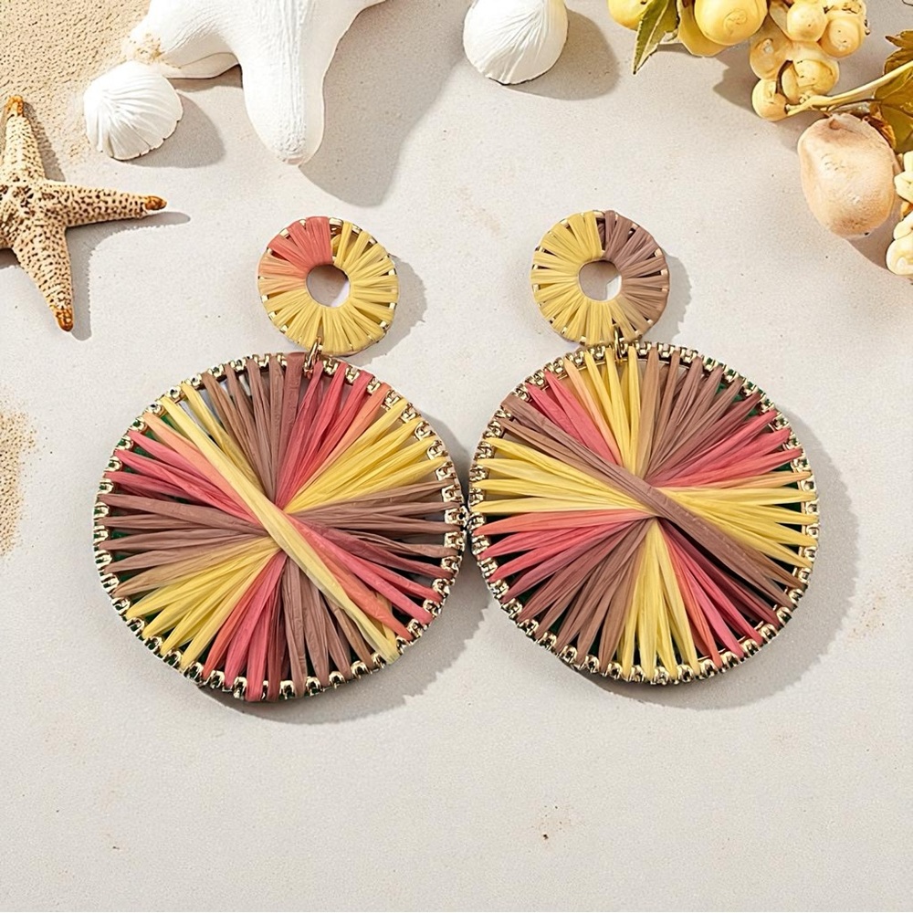 Boho Raffia Round Dangle Earrings Multicolor Statement Summer Beach Jewelry